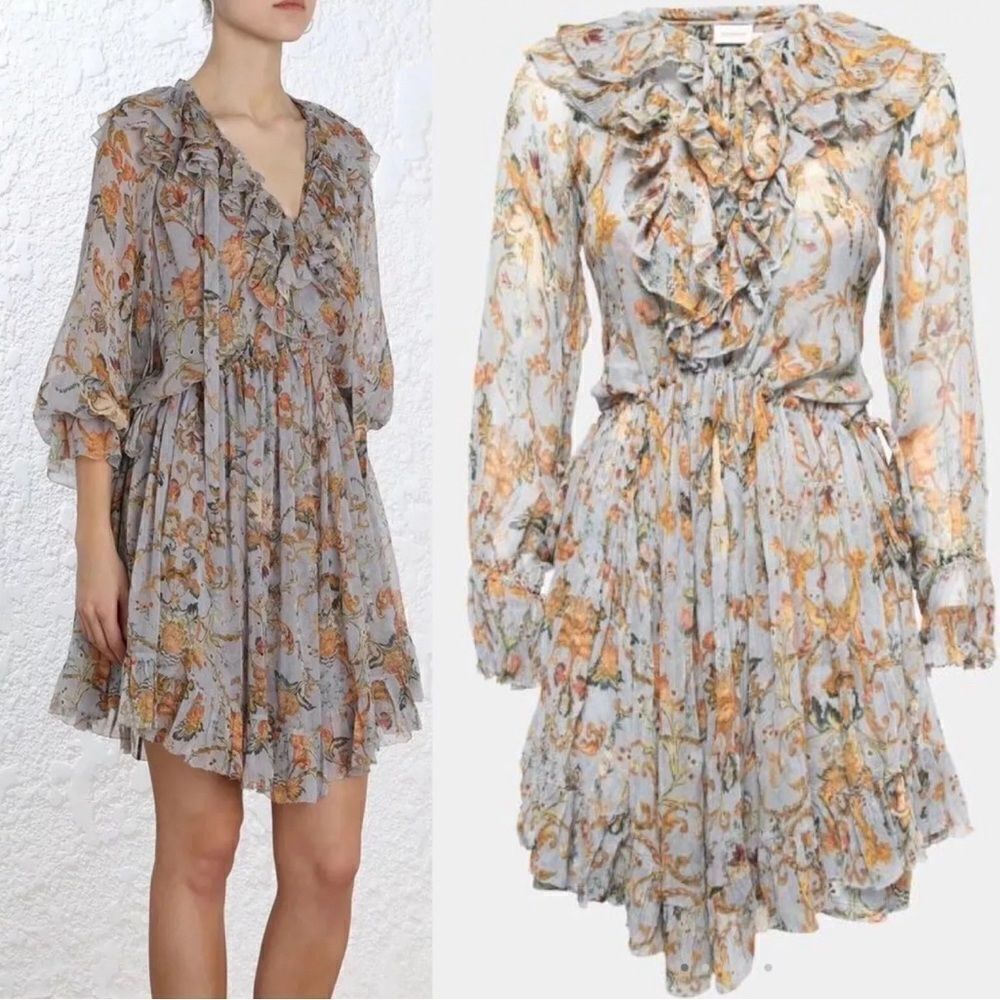 Auth Zimmermann Blue Floral Print Crinkled Chiffon Ruffled Drawstring Dress XS
